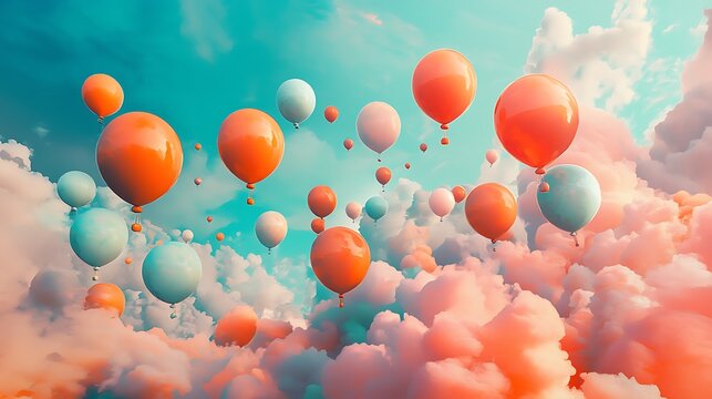 Vibrant coral orange and turquoise balloons soaring over a dreamy pastel modern aesthetic