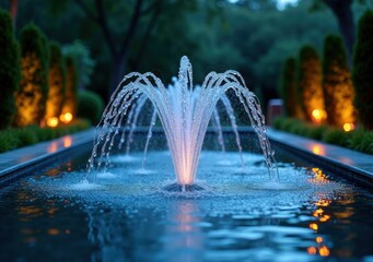 Elegant water fountain illuminated at night in a tranquil garden setting