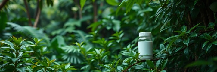 Pill bottle surrounded by lush green jungle foliage, creating a serene and harmonious natural atmosphere, nature, atmosphere