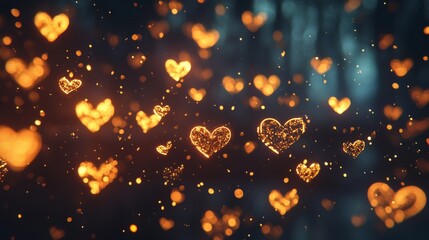 Glowing Golden Hearts Floating in a Dreamy Atmosphere with Soft Bokeh Background