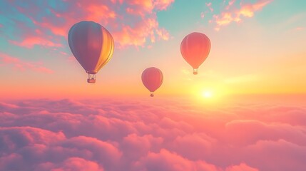 Obraz premium Coral orange and turquoise balloons gently soaring into a tranquil glowing pastel sky modern wallpaper