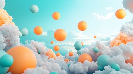 Vibrant soft coral orange and turquoise balloons floating joyfully into a dreamy clean sky modern design