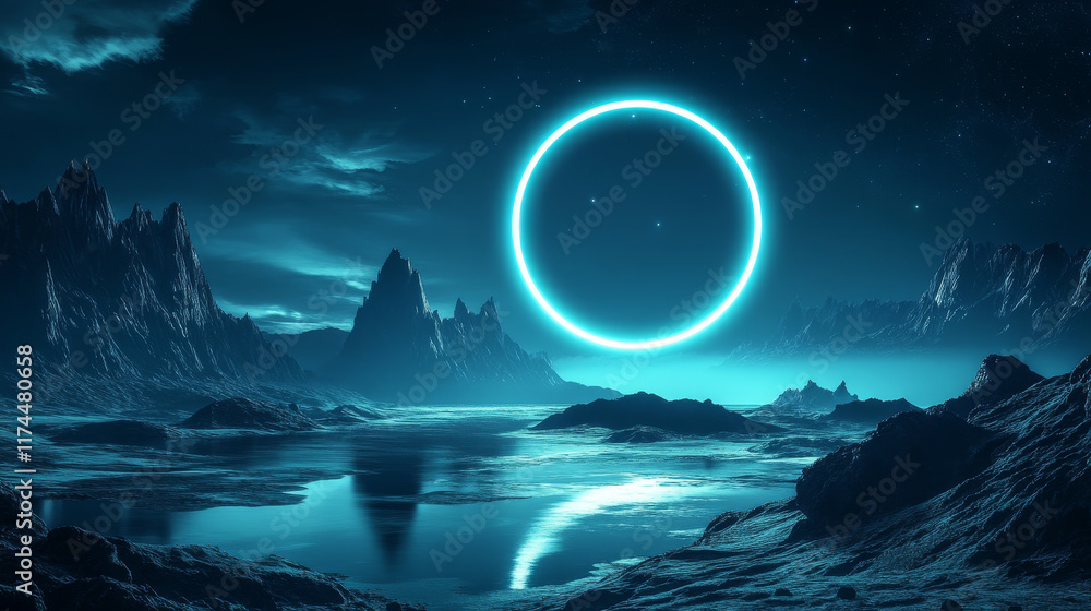 Poster cyberpunk background with neon circle on wireframe landscape. vector realistic illustration of y2k s