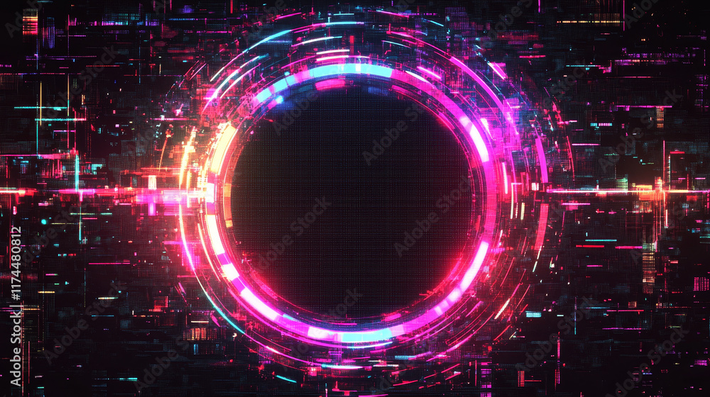 Poster circle frame with glitch and neon glow effect. digital round geometric light border with vintage vhs