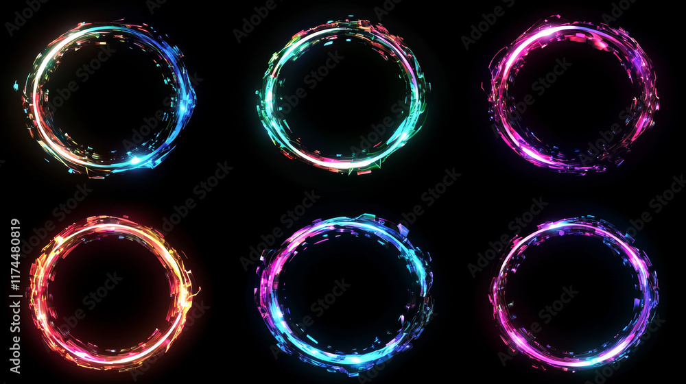 Poster circle frame with glitch and neon glow effect. digital round geometric light border with vintage vhs