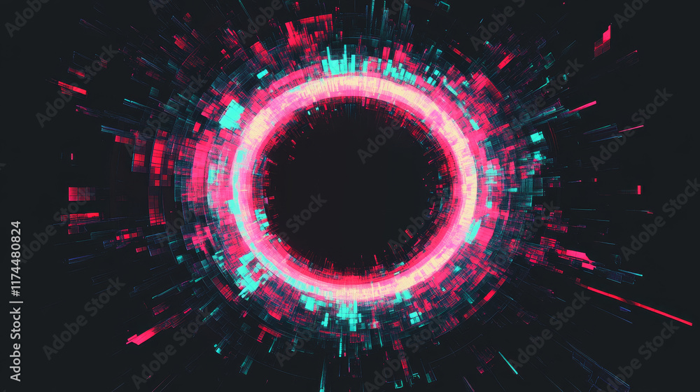 Poster circle frame with glitch and neon glow effect. digital round geometric light border with vintage vhs
