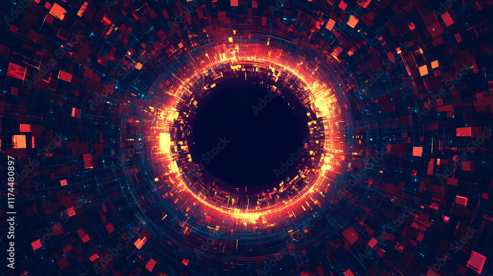 Poster circle frame with glitch and neon glow effect. digital round geometric light border with vintage vhs