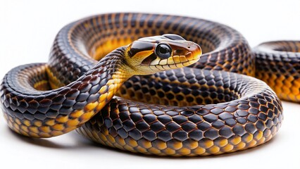 Fototapeta premium Brown Tree Snake Closeup, Boiga Cynodon Isolated on White, Reptile Photography, Wild Animal Stock Image