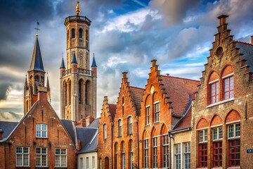 Obraz premium Bruges Church Tower & Red Brick Buildings - Minimalist Architecture Photography