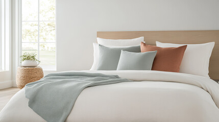Obraz premium Comfortable and inviting bedroom design with a fresh and modern aesthetic