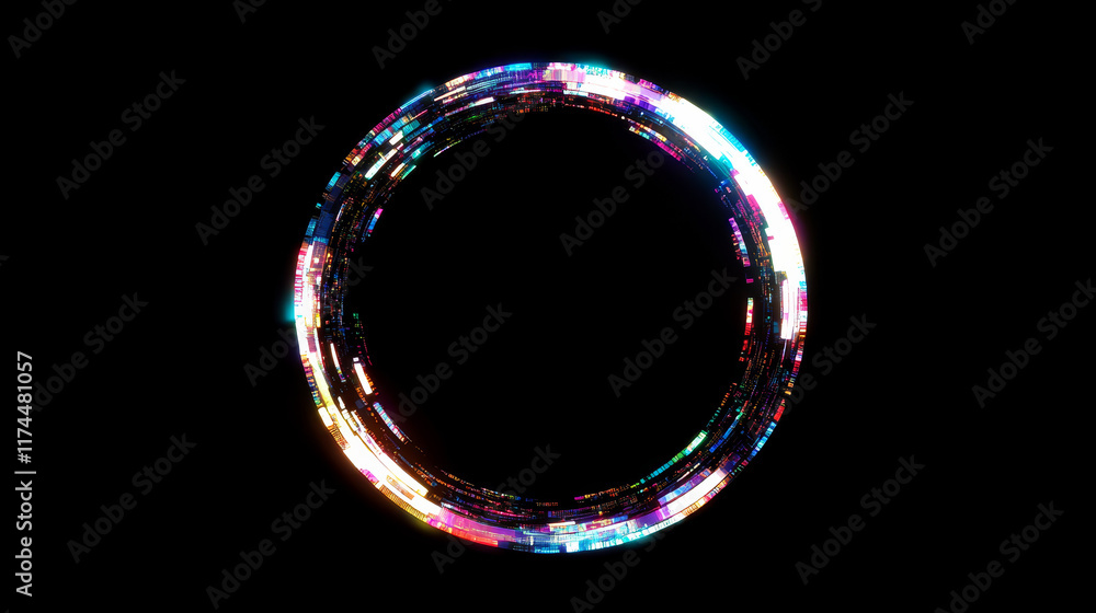 Poster neon glowing circle frame with glitch effect on black background. realistic vector illustration set 