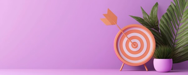 A vibrant image of a target with an arrow, alongside a potted plant, set against a soft purple background, symbolizing focus and achievement.
