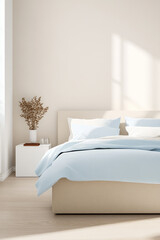 Modern bedroom with light colors and natural decor in bright sunlight