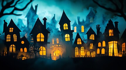 Haunted village street with glowing windows and shadowy figures