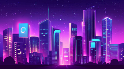 Fototapeta premium Night downtown street landscape with neon glow effect. Cartoon vector illustration of dark purple evening city scape with luminous billboards, signs and windows. Cyberpunk background with urban scene.