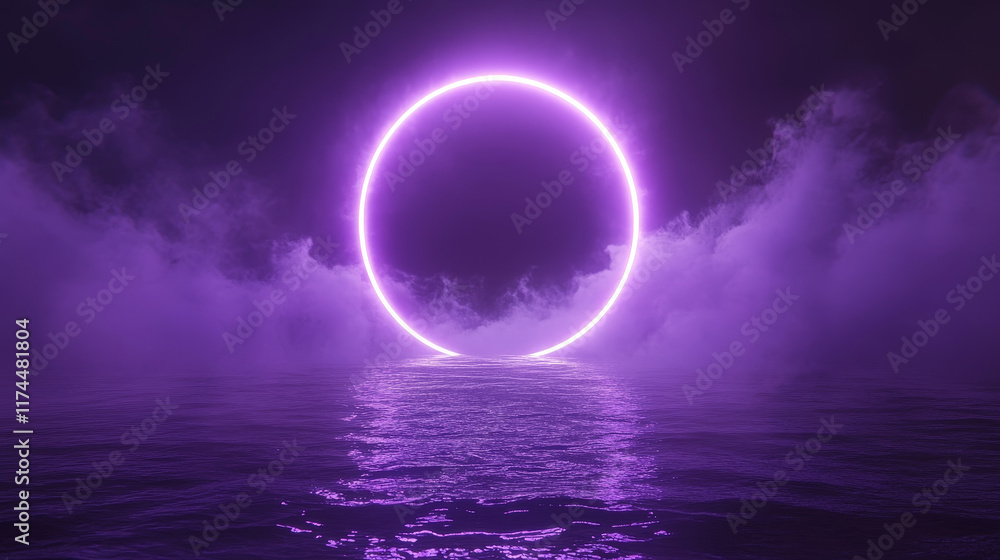 Poster neon circle frame with smoke on water surface. round glowing frame with magic light among soft cloud