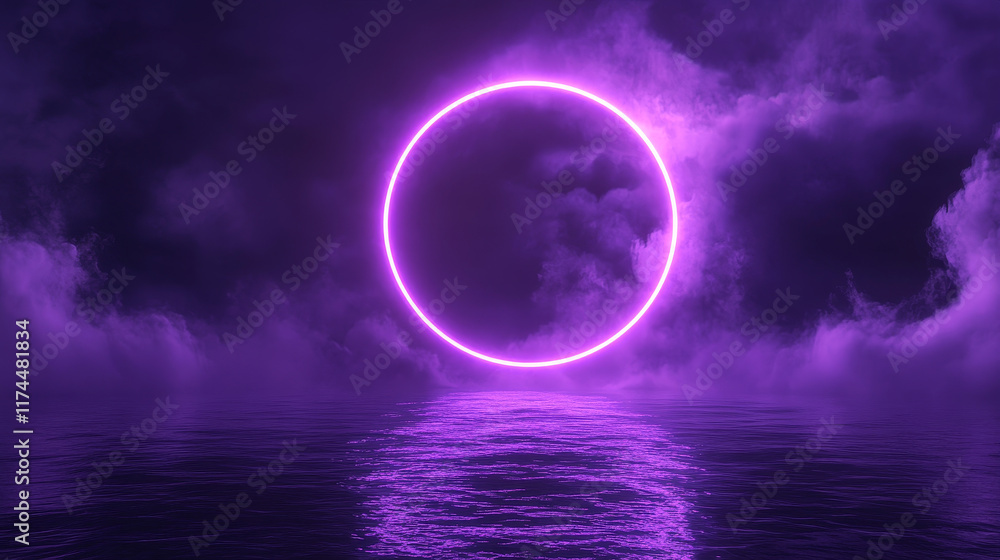 Poster neon circle frame with smoke on water surface. round glowing frame with magic light among soft cloud