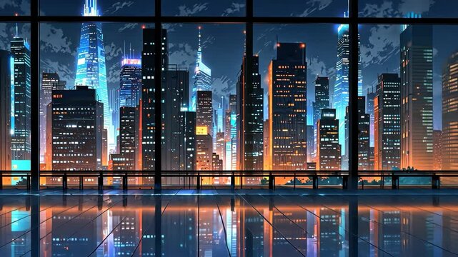 Video footage of futuristic cityscape viewed through large windows, with illuminated skyscrapers reflecting on a glossy floor, creating a vibrant and dynamic urban scene