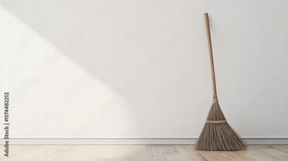 Poster broom stands in minimalist office setting against blank wall, creating serene and tidy atmosphere. n