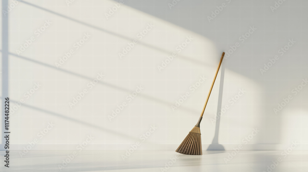 Poster broom stands in minimalist office setting, casting shadows on blank wall, creating serene and tidy a