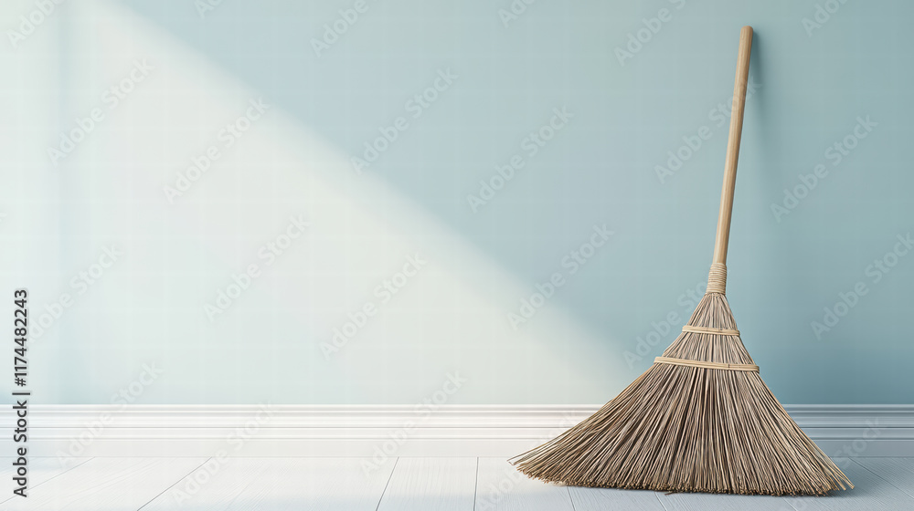 Aufkleber broom stands in minimalist office setting against blank wall, creating serene and tidy atmosphere. s