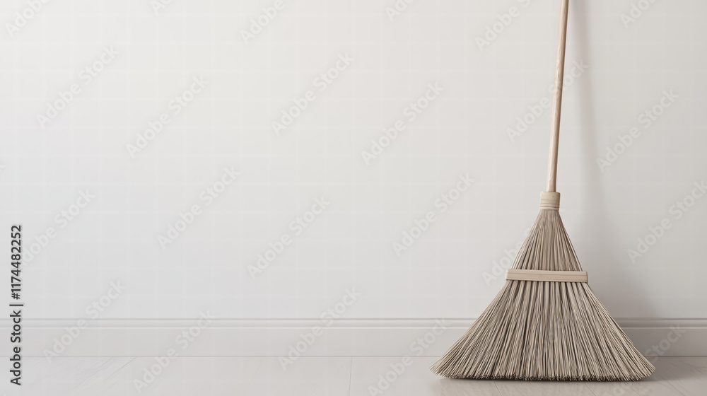 Aufkleber broom stands in minimalist office setting against blank wall, emphasizing simplicity and cleanliness