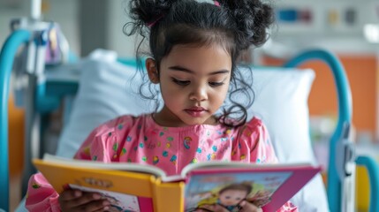 A pediatric nurse reading a book to a young patient in a colorful hospital room