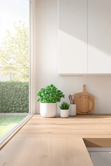 Fototapeta premium Fresh herbs and natural light brighten a modern kitchen space during the afternoon