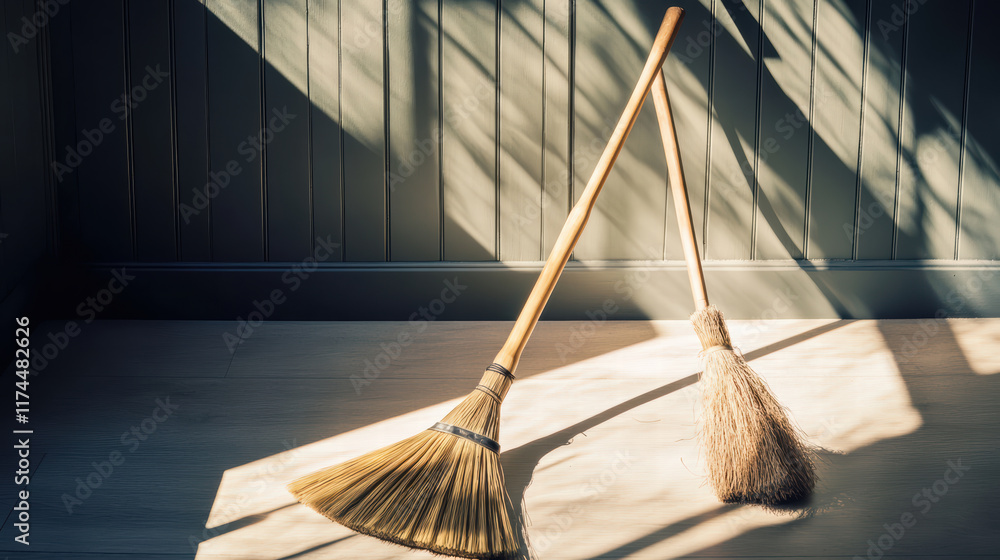 Aufkleber broom and small broom in sunlit room, casting shadows on floor, create warm and inviting atmosphere.