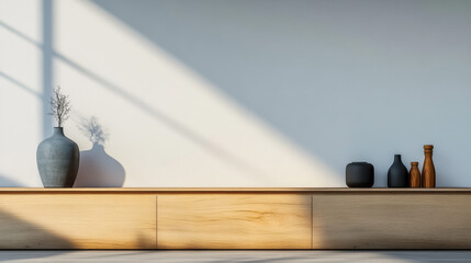 Obraz premium Minimalist interior with natural light casting shadows on wooden surfaces