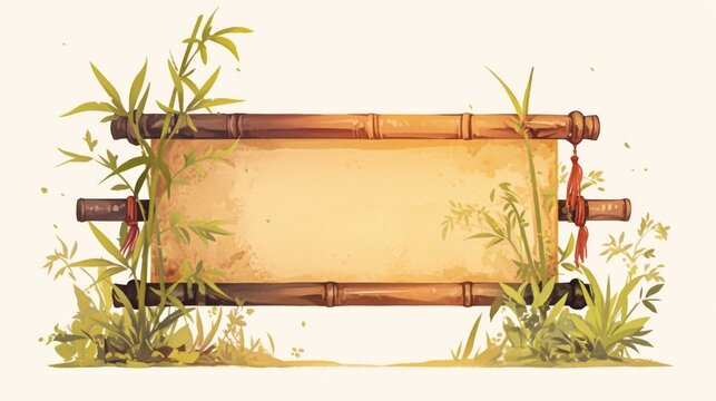 A bamboo-framed blank scroll surrounded by lush greenery, ideal for decorative or informational purposes.