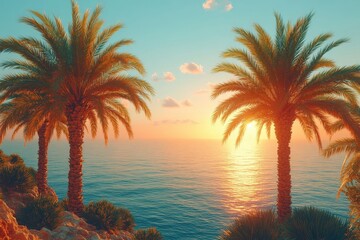 Obraz premium Idyllic sunset over calm ocean with two palm trees on cliff.