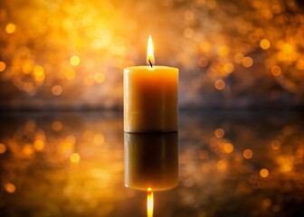 Burning Candle with Warm Reflection, Cozy Candlelight Background Stock Photo