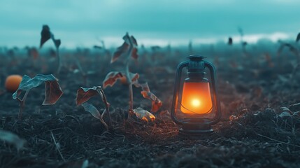 Creepy pumpkin patch with eerie mist and a glowing orange lantern