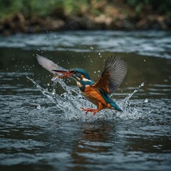Capture a kingfisher darting over a river.