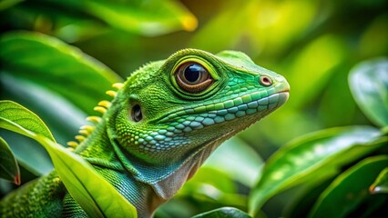 Fototapeta premium Camouflaged Green Lizard, Reptile Hiding in Jungle Foliage, Close-up View