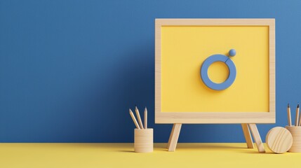 A vibrant, minimalist display featuring a yellow frame with a blue circle, complemented by wooden pencils on a colorful background.