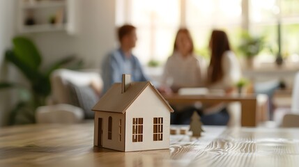 Mortgage Pre Approval Process Couple Discussing Options with Real Estate Agent and House Model