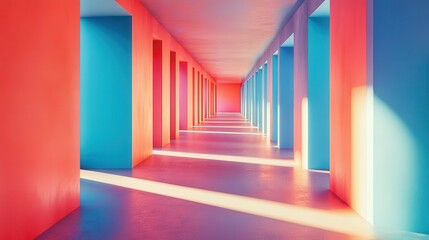 Fototapeta premium Vibrant Corridor with Bold Cyan and Pastel Coral Frame Distortions