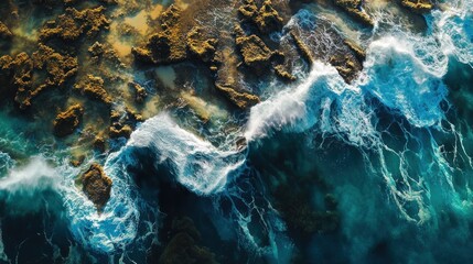 Obraz premium Aerial View of Turquoise Ocean Waves Crashing on Rocks