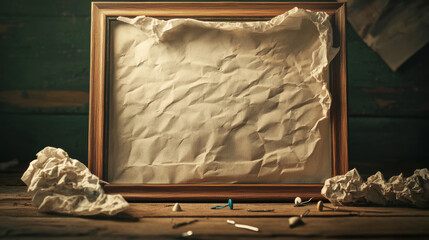 Photo frame. ?rumpled paper. Push pins. ?lip.