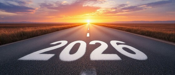 New year 2026 written on the road in the middle of asphalt road at sunset. Concept of planning , challenge, 