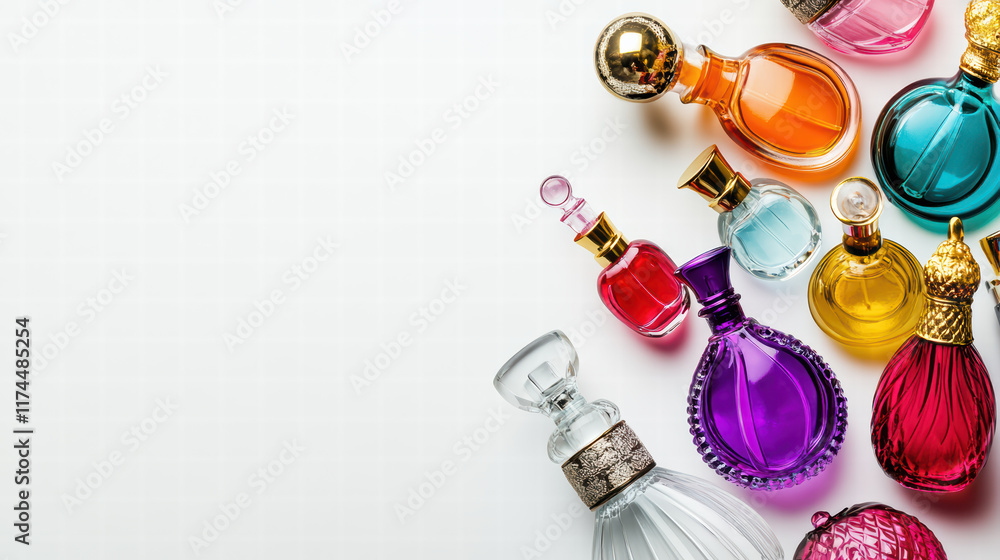 Poster collection of colorful perfume bottles arranged on white background, showcasing various shapes and d