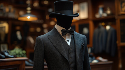 A classic black top hat and tailored suit displayed on a wooden mannequin in an elegant vintage room, warm ambient light highlighting the fine textures of the fabric and the glossy finish of the hat