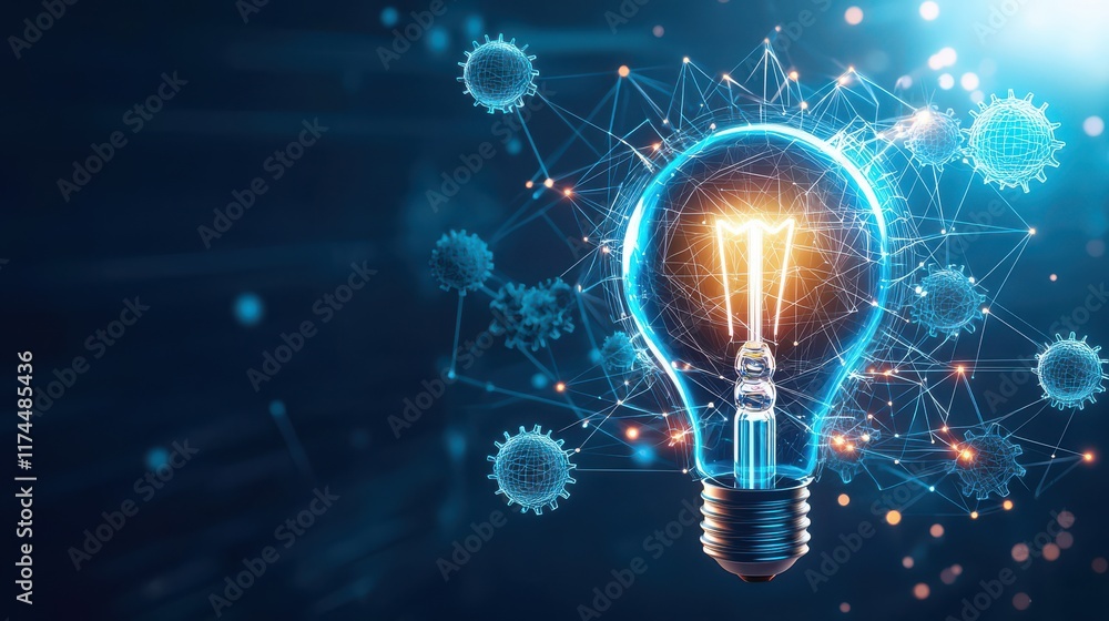 Poster a glowing light bulb surrounded by digital networks and particles, symbolizing innovation and techno