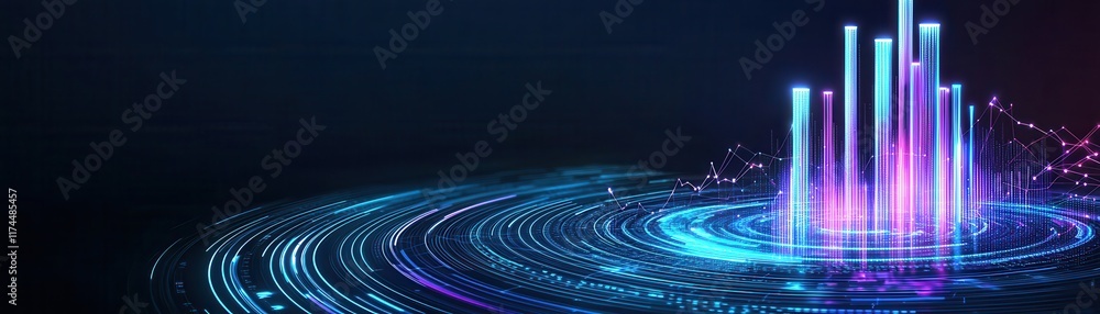 Aufkleber a vibrant, abstract digital landscape featuring glowing bars and circular patterns, representing dat