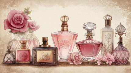 collection of vintage perfume bottles with elegant designs and soft pink roses, creating romantic and nostalgic atmosphere