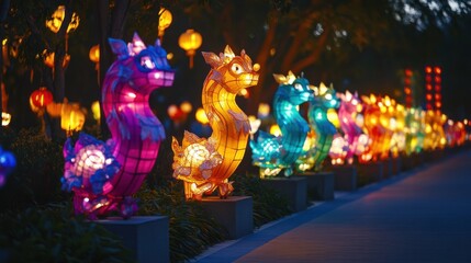 A collection of colorful Chinese lanterns lit up at night, illuminating a festive street, creating a magical and vibrant atmosphere for a cultural event.