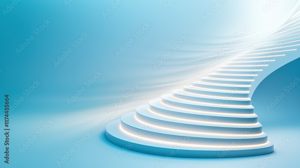 Poster a serene, abstract image featuring a winding staircase with soft lighting, set against a gradient bl