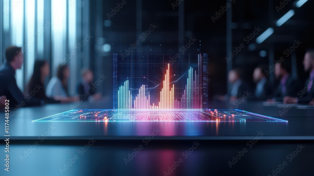 Poster a futuristic meeting room with a holographic data visualization displayed on a table, surrounded by 